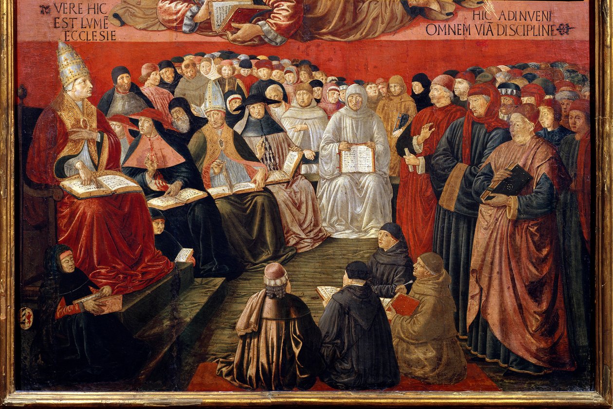 Triumfen til Saint Thomas Aquinas (1225-1274) Detalj som representerer pave Sixtus IV (1414-1484) som presiderte over et råd i nærvær av Saint Thomas Aquinas og Saint Bonaventure (som han innførte). Maleri av Benozzo di Lese di Sandro dit Benozzo Gozz av Benozzo di Lese di Sandro Gozzoli