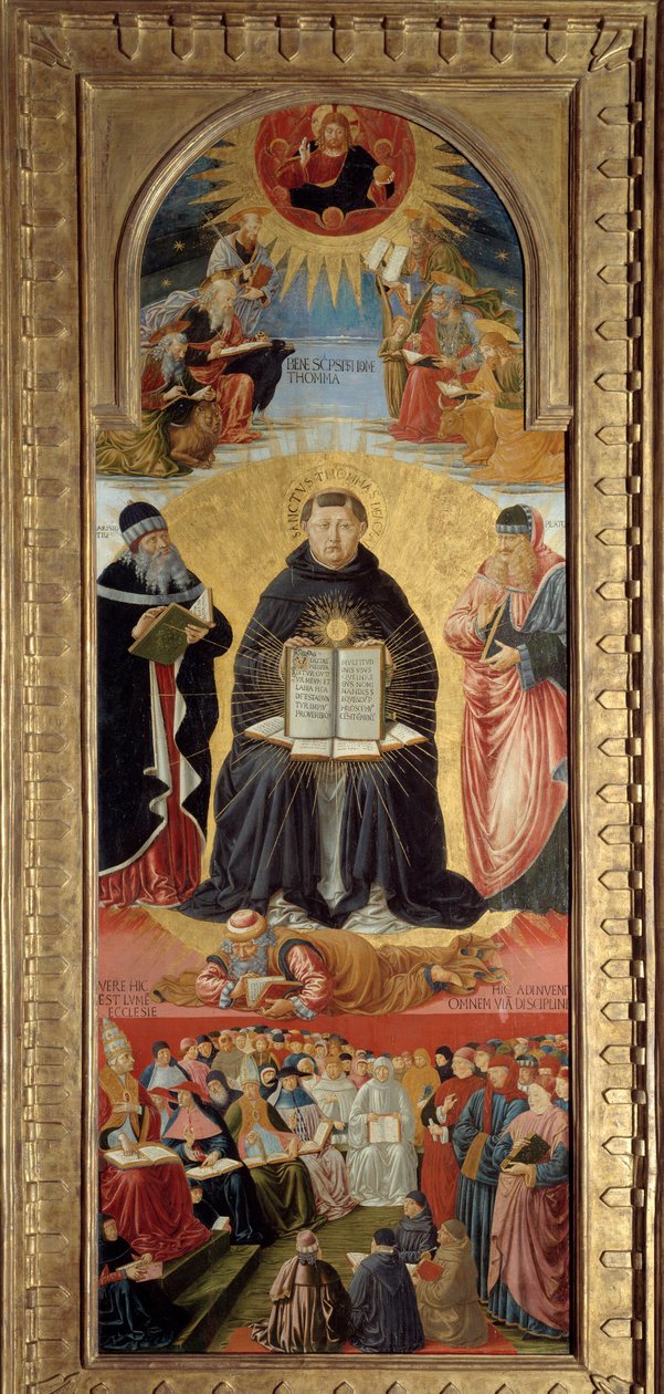Triumfen til St. Thomas Aquinas (1225-1274) er representert omgitt av Platon (til høyre) og Aristoteles, som han er disippel av. Ved føttene hans la William av Saint-Amour seg ned. På toppen velsigner Kristus evangelistene. Nedenfor har pave Sixtus IV (141 av Benozzo di Lese di Sandro Gozzoli