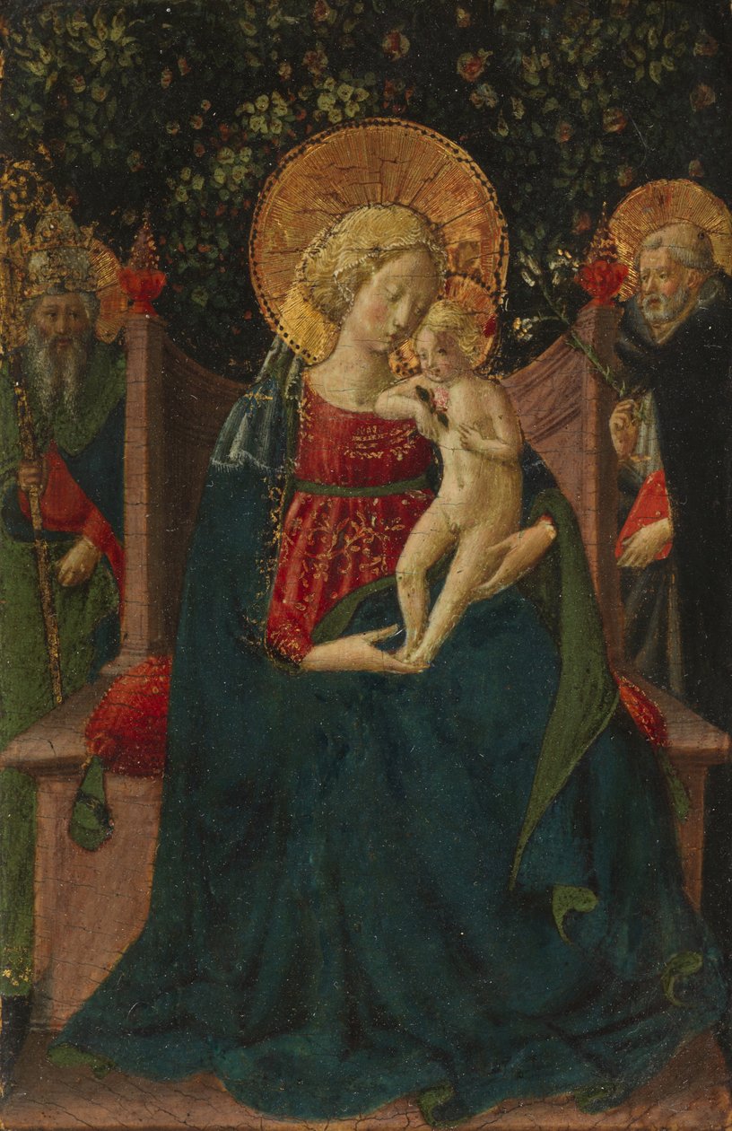 Jomfru og barn tronet mellom Saint Dominic og en pavelig helgen, 1430-35 av Benozzo di Lese di Sandro Gozzoli