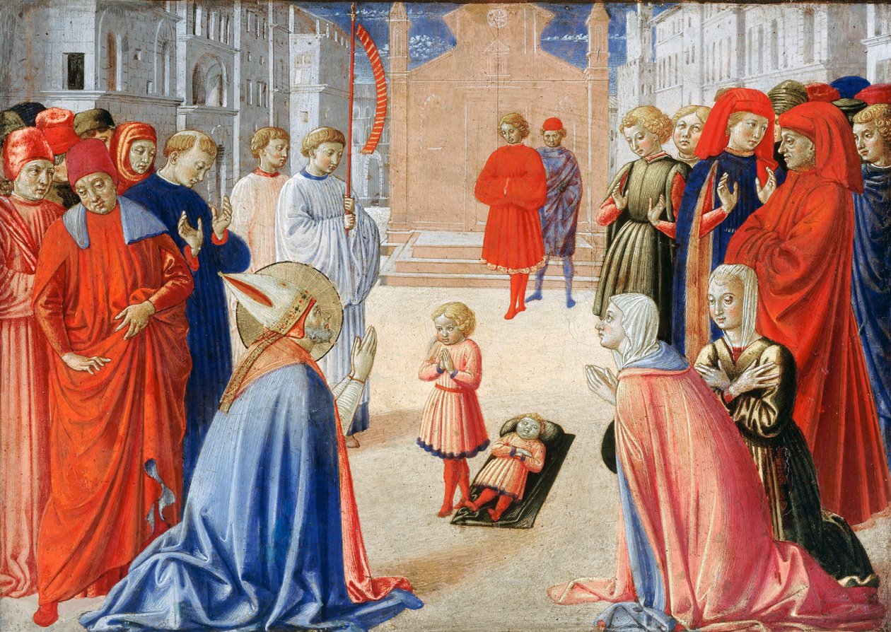 Zenobe av Firenze (Saint Zenobe, San Zanobi eller Zenobio) (337-417) - Sankt Zenobius reiser en gutt fra de døde - Maleri av Gozzoli, Benozzo (ca 1420-1497) av Benozzo di Lese di Sandro Gozzoli
