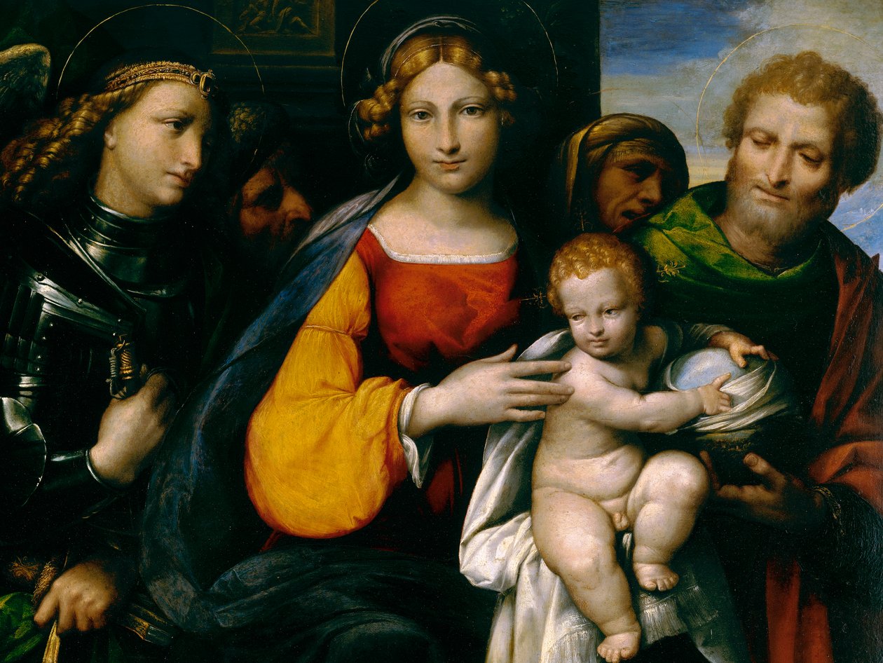 Maleri som skildrer Madonnaen og barnet med hellige av Benvenuto Tisi da Garofalo