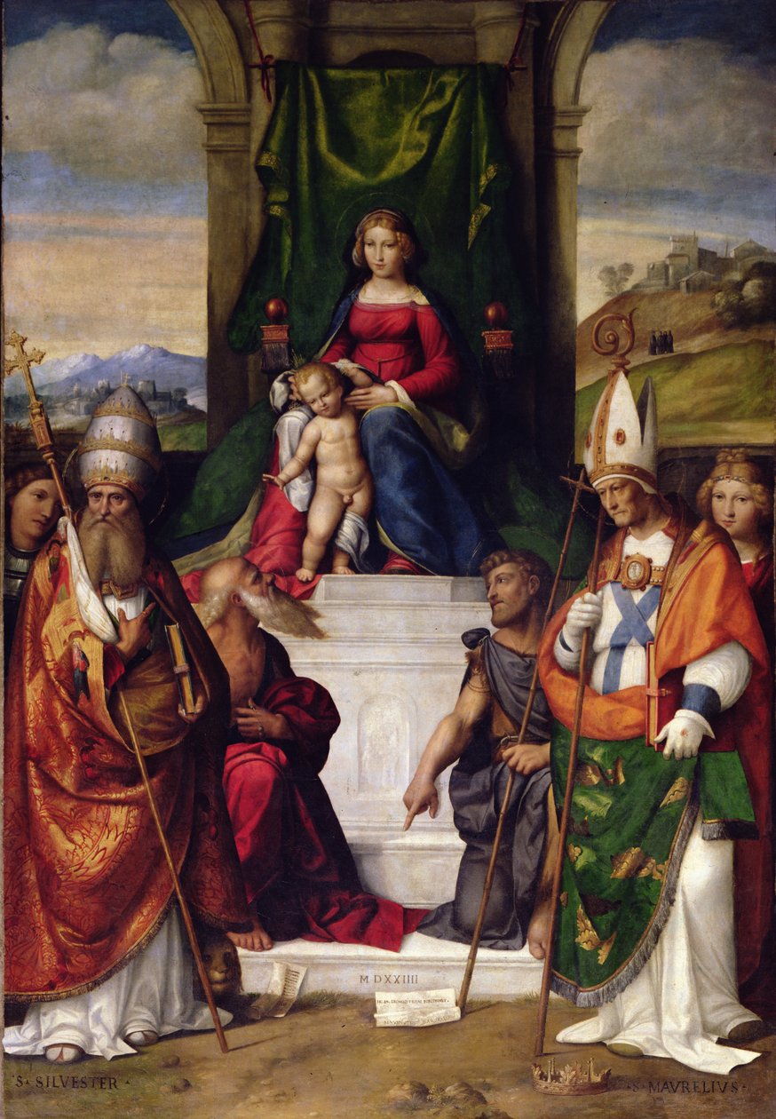 Jomfruen på tronen med de hellige Jerome, Sylvester og Maurius av Benvenuto Tisi da Garofalo