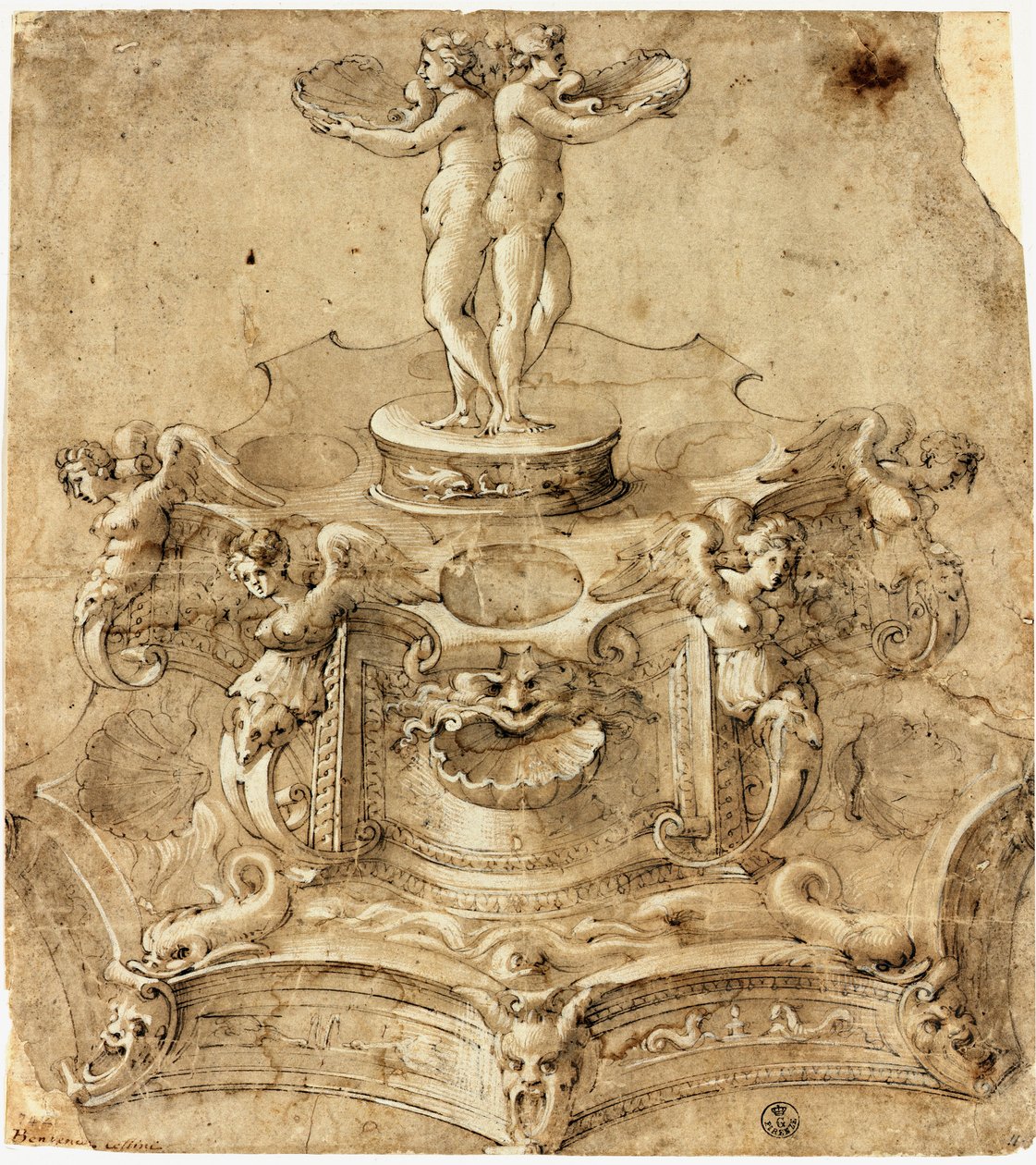 Salt salt av sekskantet form. Tegning av Benvenuto Cellini (1500-1571) Firenze, Uffizi-museet, Institutt for trykk og tegninger av Benvenuto Cellini
