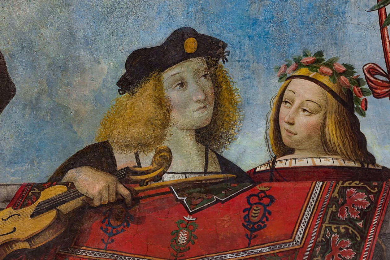 Gentleman som holder et musikkinstrument og en gentlewoman, detalj, hvelv av Hall of the Treasure (fresco) (detalj av 3707463) av Benvenuto Tisi da Garofalo