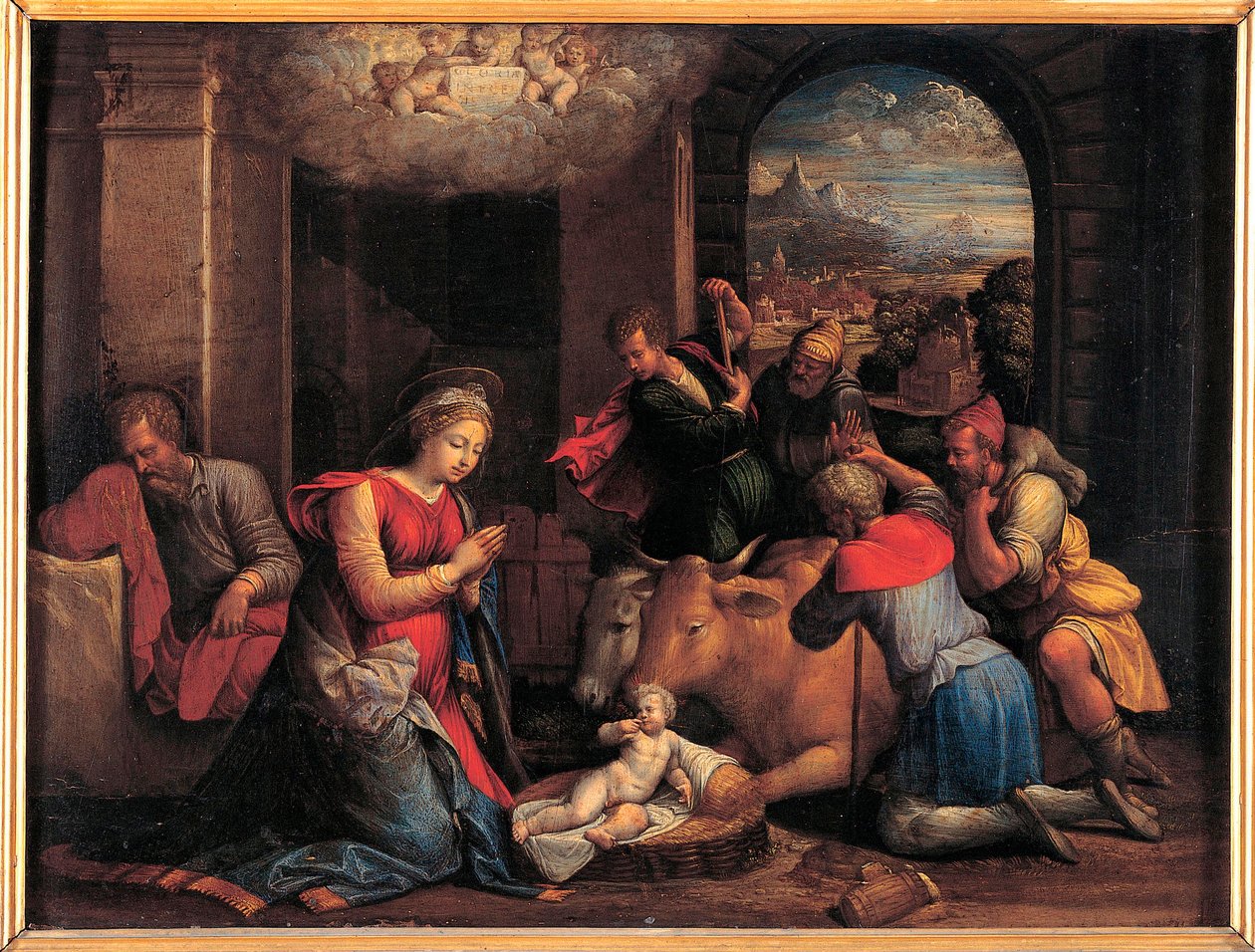 Hyrdenes tilbedelse - Maleri av Benvenuto Tisi da Garofalo (Il Garolafo) (1481-1559), olje på tre, 41,5x55 cm av Benvenuto Tisi da Garofalo