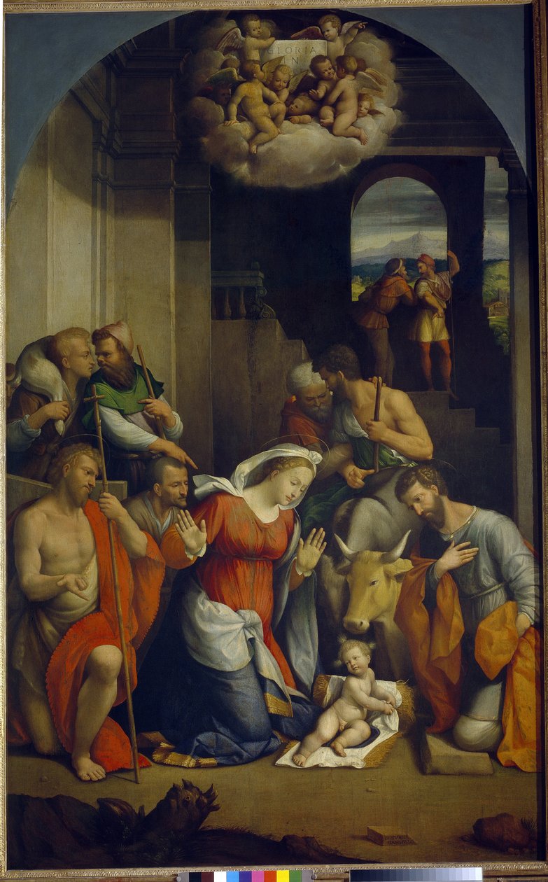Tilbedelse av Kristusbarnet (tilbedelse av hyrdene). (Tilbedelsen av Kristusbarnet). Maleri av Benvenuto Tisi Da Garofalo (1481-1559), olje på lerret av Benvenuto Tisi da Garofalo