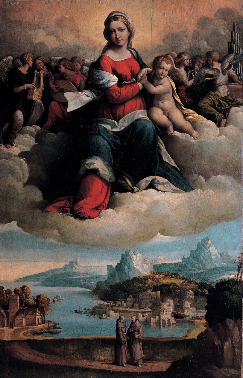 Madonna og barn i herlighet med de hellige Antonius av Padua og Frans, 1530 av Benvenuto Tisi da Garofalo