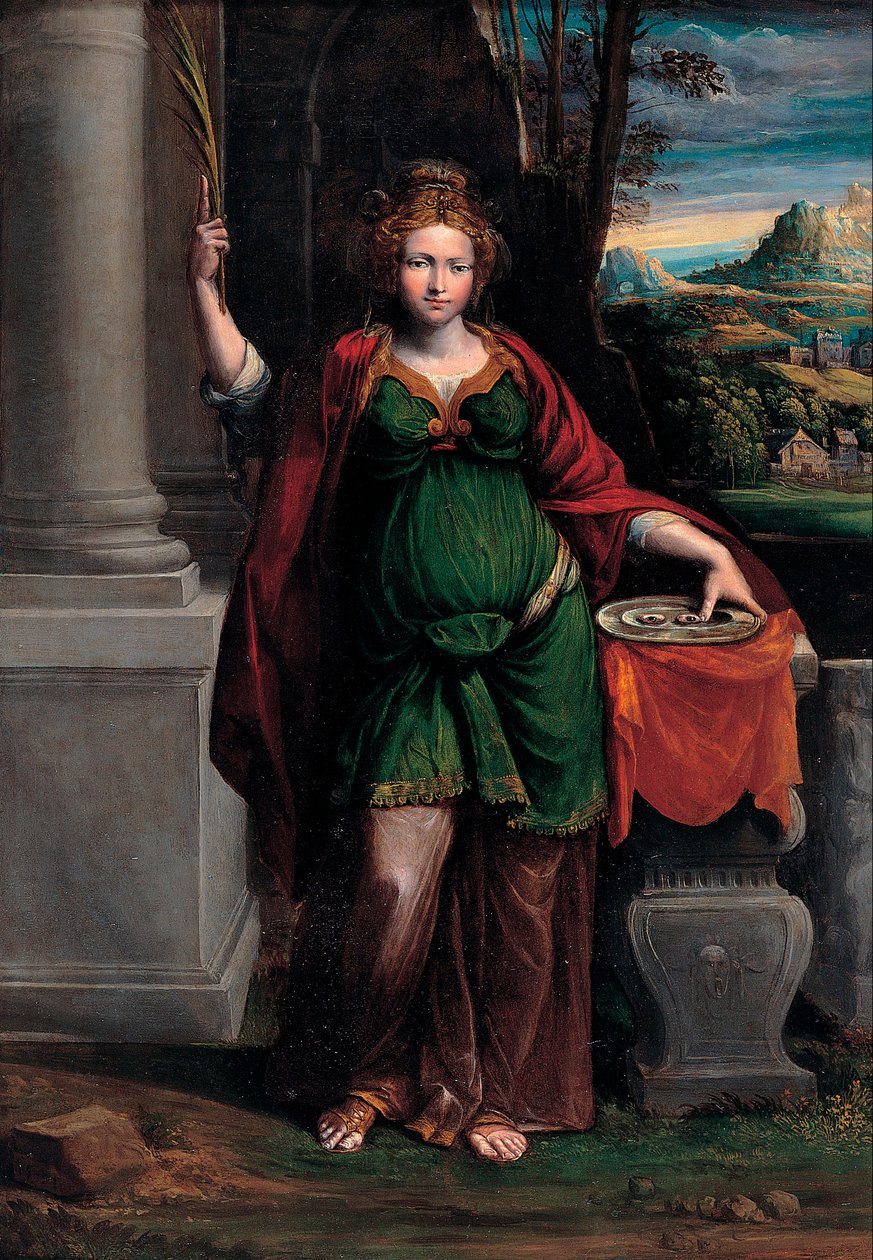 Saint Lucia (av Syracuse) (tidlig 4. århundre) holder et brett med to øyne (Saint Lucy) - Maleri av Benvenuto Tisi da Garofalo (Il Garolafo) (1481-1559), olje på tre, 63x44 cm av Benvenuto Tisi da Garofalo