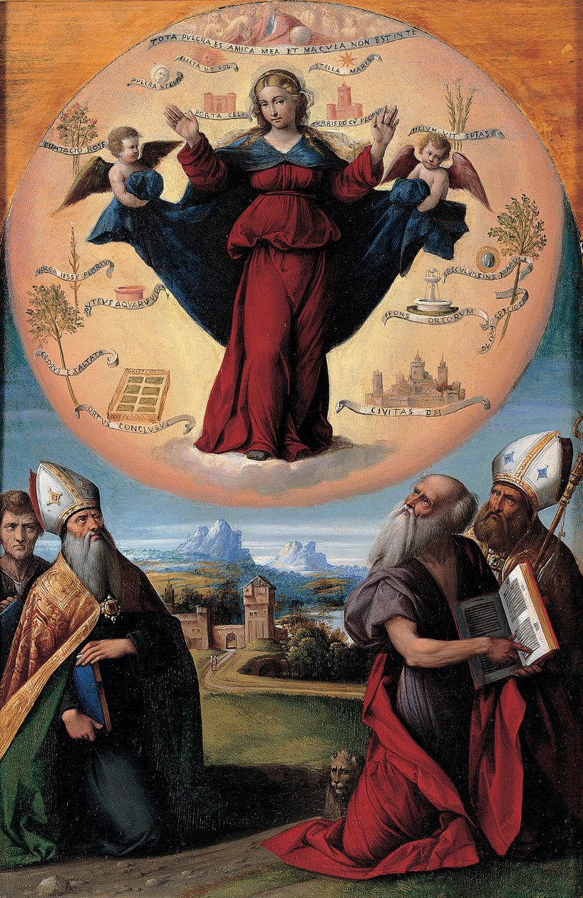 Den ulastelige unnfangelsen med helgener, ca. 1535-1550 av Benvenuto Tisi da Garofalo