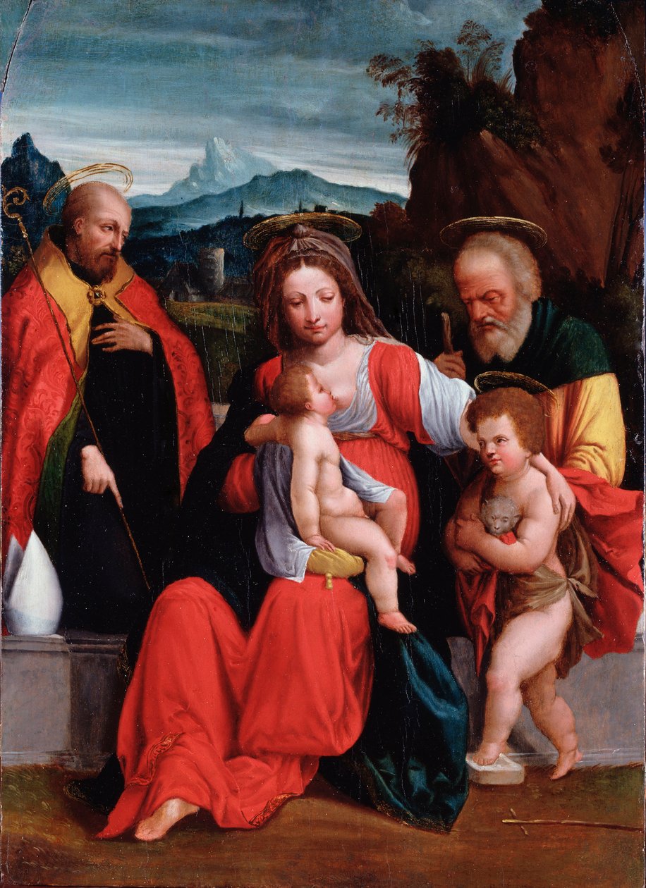 Den hellige familie med døperen Johannes som barn og biskop Maleri av Garofalo (Benvenuto Tisi) (1481-1559) Genes, Musei di Strada Nuova (ex Palazzo Rosso) av Benvenuto Tisi da Garofalo