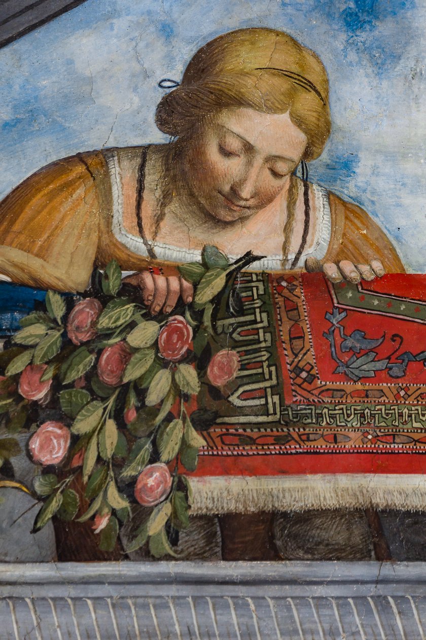 Kvinne iført en gul kjole og blomster, detalj av hvelvet, Aula Costabiliana eller Hall of the Treasure (fresco) av Benvenuto Tisi da Garofalo