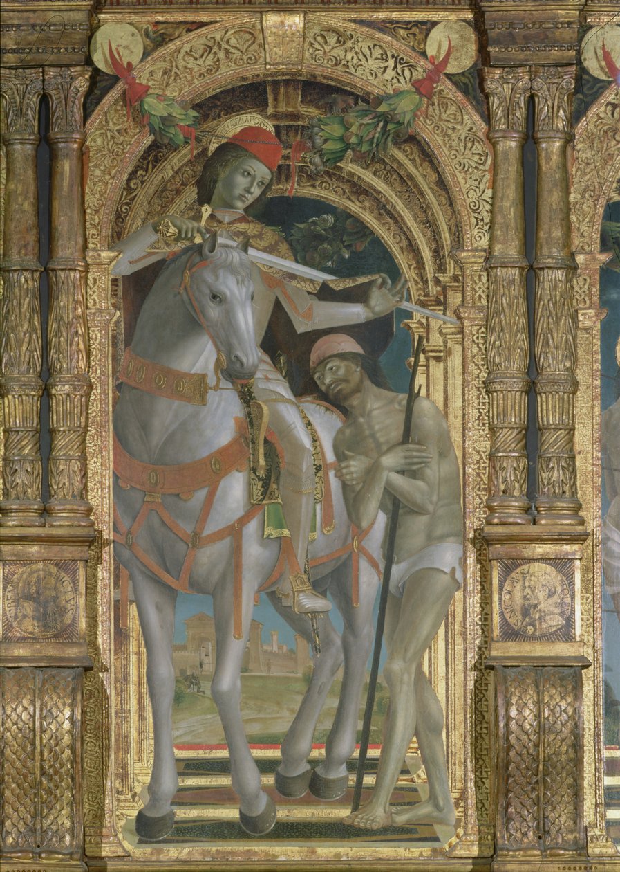 St. Martin deler kappen sin med tiggeren, detalj fra en polyptyk, 1485 av Bernadino Jacobi Butinone