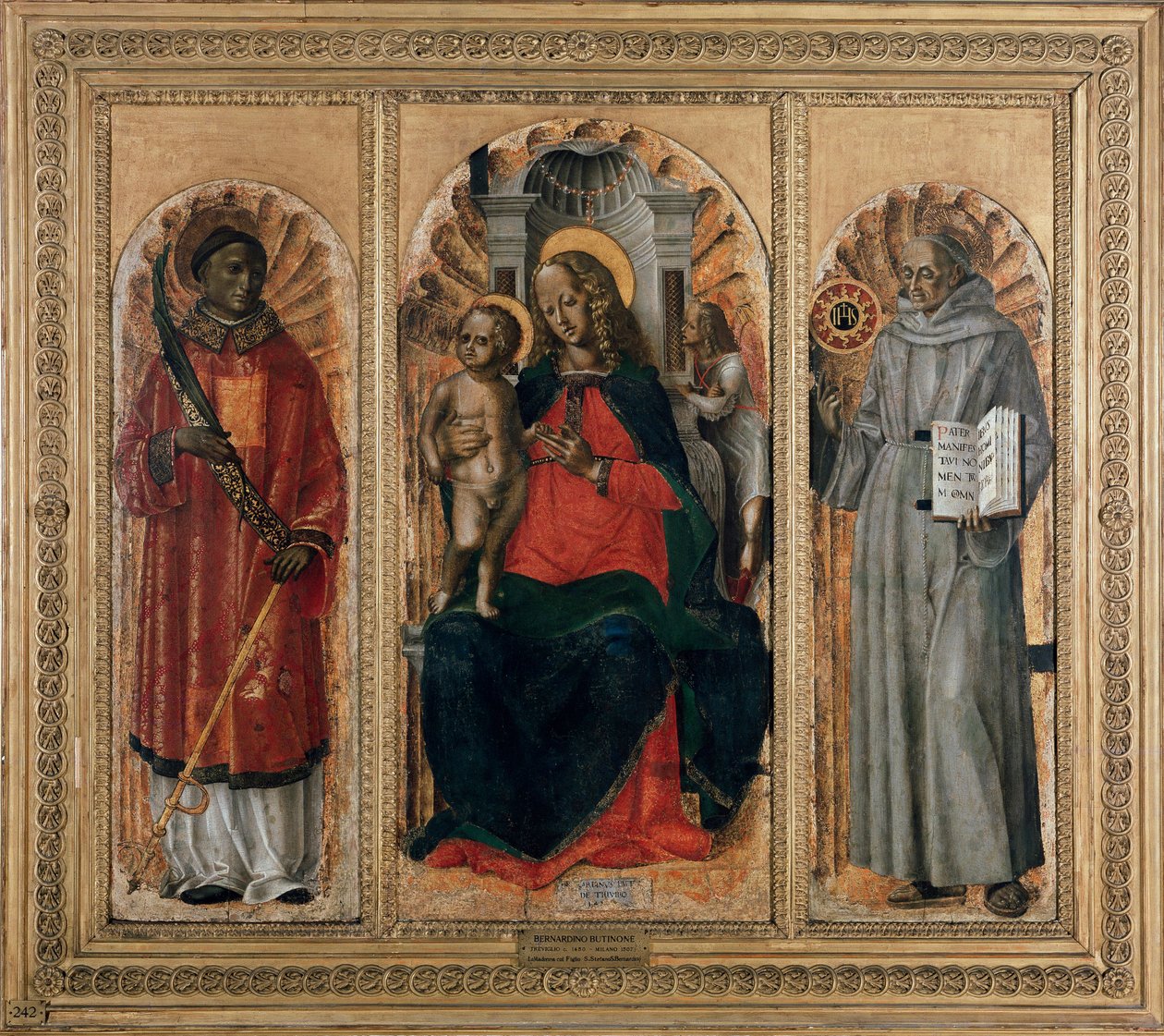 Triptych, Jomfru med barn med St Leonard (eller Stephen) og St Bernardino av Siena (olje på panel av Bernadino Jacobi Butinone