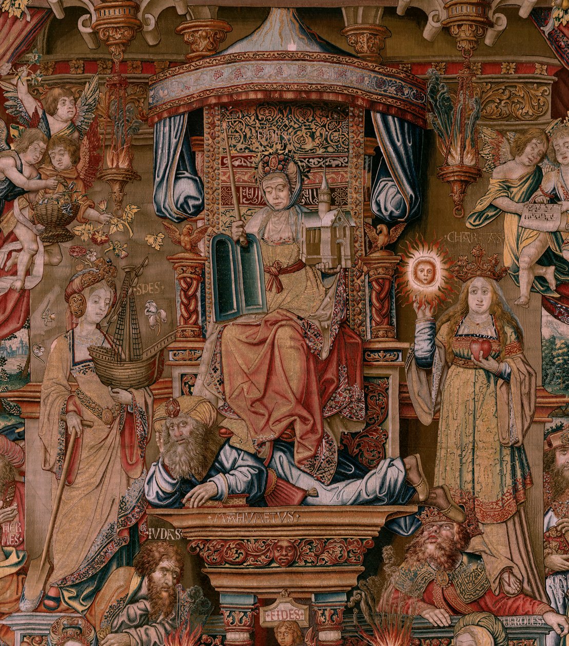 flamsk billedvev. Serien The Honours. Tro (La Fe). Første billedvev i serien. Modelltegnere fra kretsen til Bernard van Orley og Jan Gossaert (Mabuse). Produksjon Pieter van Aelst, Brussel. Ca 1550. Stoff Gull, sølv, silke og ull. av Bernaert van (circle of) Orley