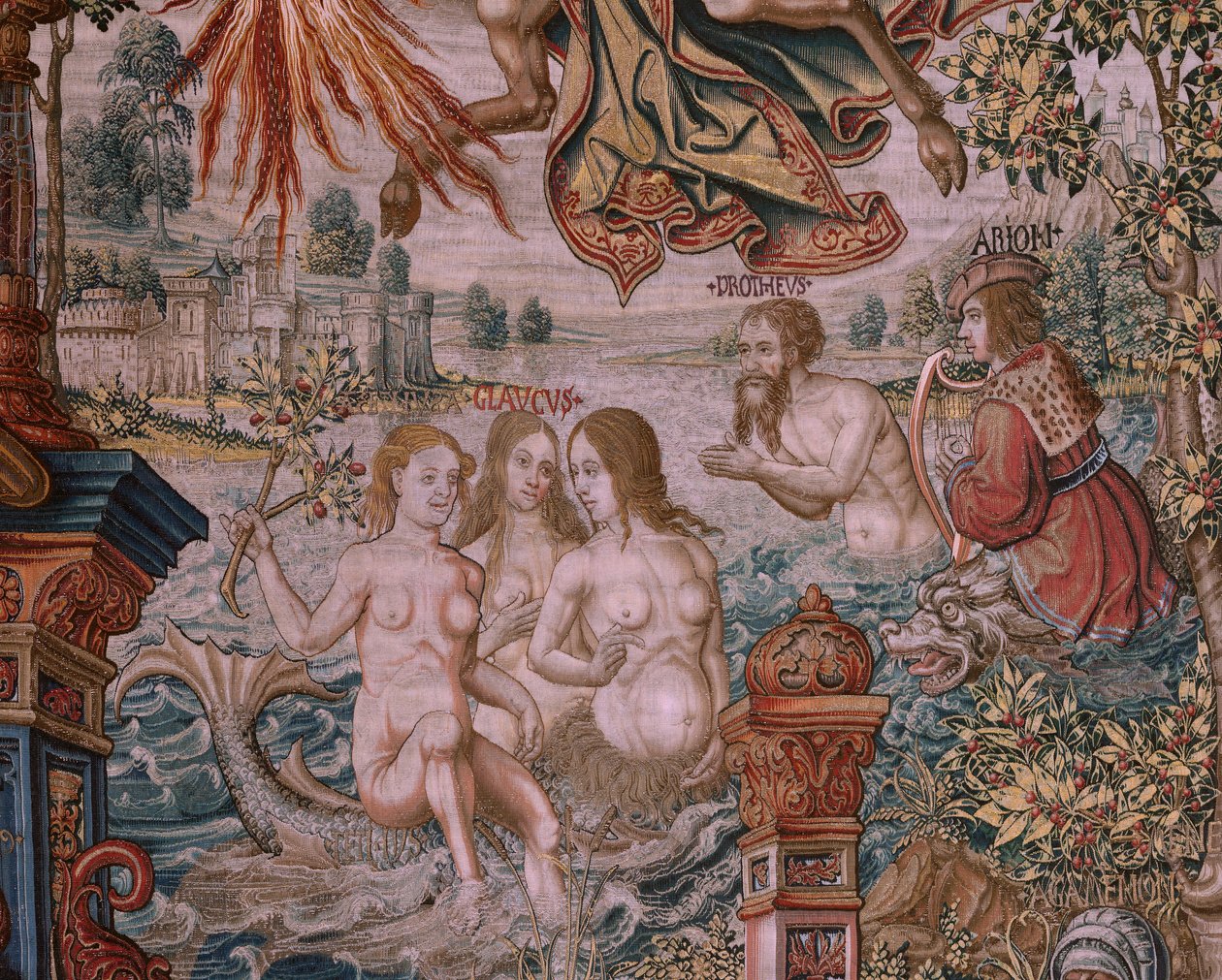 flamsk billedvev. Serien The Honours. Berømmelse (La Fama). Tredje billedvev i serien. Modelltegnere fra kretsen til Bernard van Orley og Jan Gossaert (Mabuse). Produksjon Pieter van Aelst, Brussel. Ca 1550. Stoff Gull, sølv, silke og ull. av Bernaert van (circle of) Orley