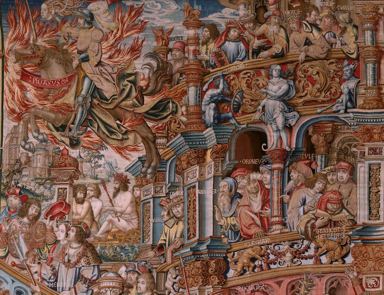 flamsk billedvev. Serien The Honours. Berømmelse (La Fama). Tredje billedvev i serien. Modelltegnere fra kretsen til Bernard van Orley og Jan Gossaert (Mabuse). Produksjon Pieter van Aelst, Brussel. Ca 1550. Stoff Gull, sølv, silke og ull. av Bernaert van (circle of) Orley