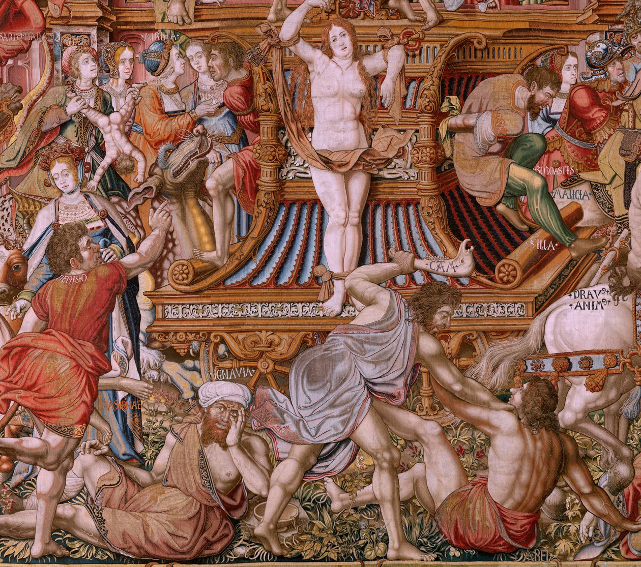 flamsk billedvev. Serien The Honours. Infamy (La Infamia). Sjette billedvev i serien. Modelltegnere fra kretsen til Bernard van Orley og Jan Gossaert (Mabuse). Produksjon Pieter van Aelst, Brussel. Ca 1550. Stoff Gull, sølv, silke og ull. av Bernaert van (circle of) Orley