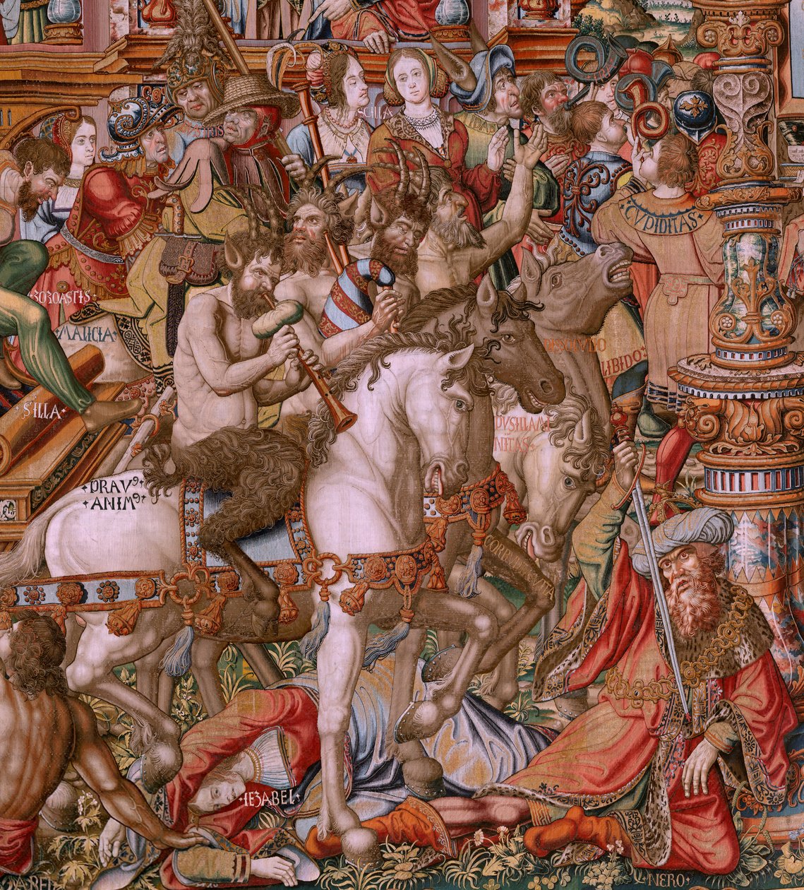flamsk billedvev. Serien The Honours. Infamy (La Infamia). Sjette billedvev i serien. Modelltegnere fra kretsen til Bernard van Orley og Jan Gossaert (Mabuse). Produksjon Pieter van Aelst, Brussel. Ca 1550. Stoff Gull, sølv, silke og ull. av Bernaert van (circle of) Orley