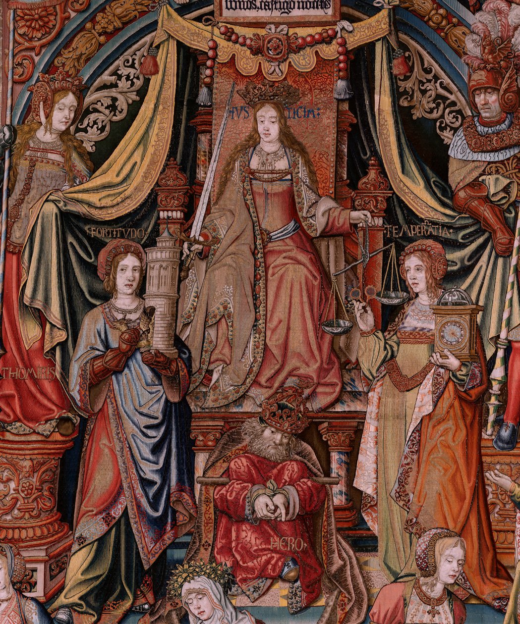 flamsk billedvev. Serien The Honours. Rettferdighet (La Justicia, Los Honores). Niende billedvev i serien. Modelltegnere fra kretsen til Bernard van Orley og Jan Gossaert (Mabuse). Produksjon Pieter van Aelst, Brussel. Ca 1550. Stoff Gull, sølv, av Bernaert van (circle of) Orley