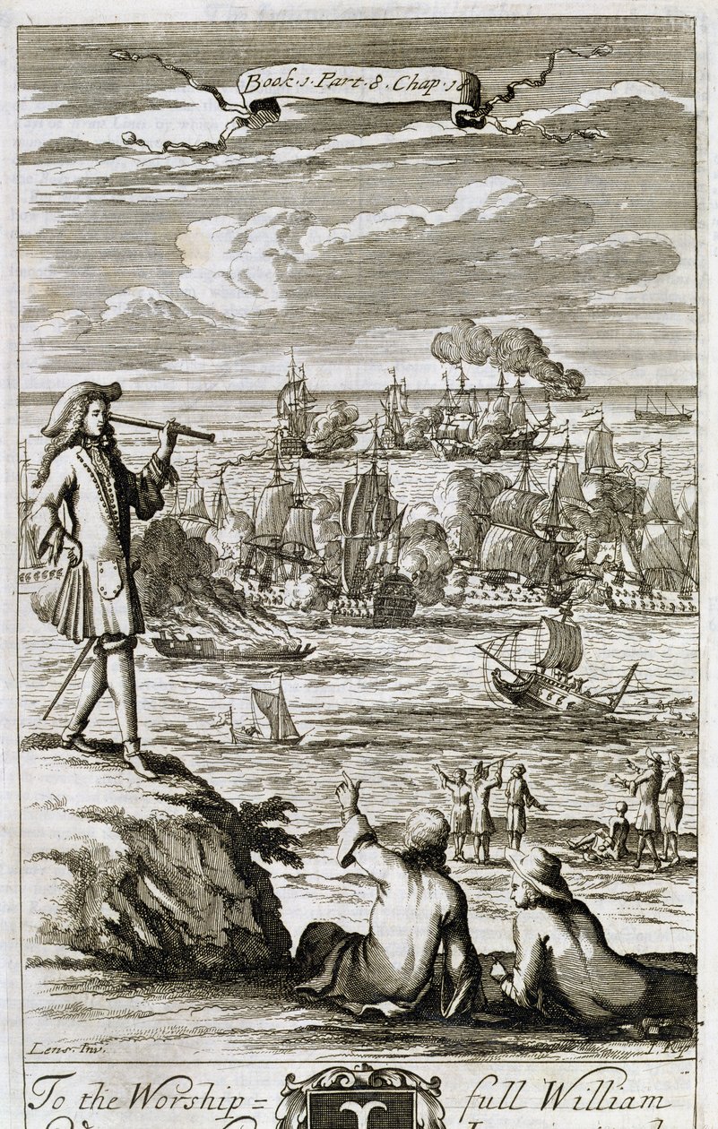 Watching a Sea Battle Through a Telescope, illustrasjon fra bok 1, del 8, kapittel 18 av 'The Principles of Philosophy' av Anthony Le Grand, gravert av Johannes Kip (165253-1722), 1694 av Bernard II Lens