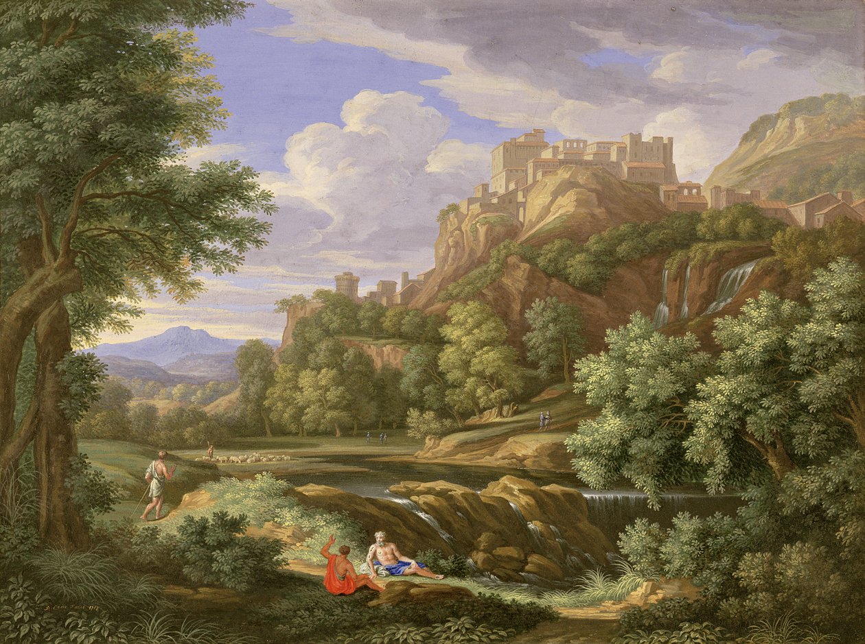 Klassisk landskap, 1717 (kroppsfarge og tyggegummi med hvit over grafitt på vellum) av Bernard Lens