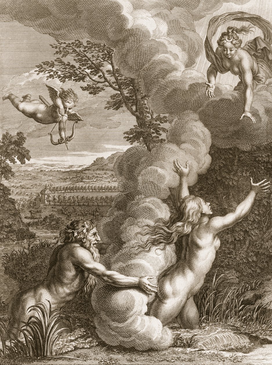 Arethusa forfulgt av Alpheus og omgjort til en fontene, 1731 av Bernard Picart