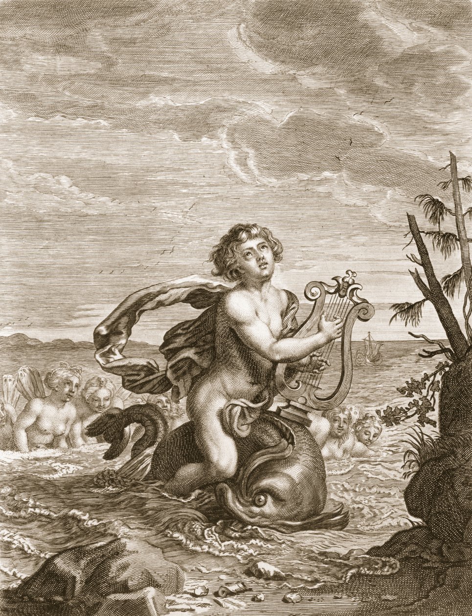 Arion bevart av en delfin, 1731 av Bernard Picart