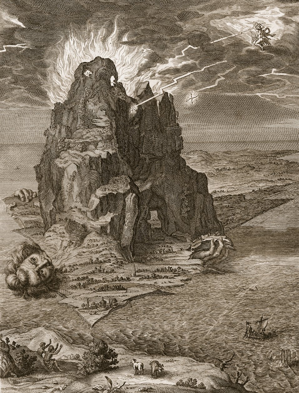 Enceladus gravlagt under Etna, 1731 av Bernard Picart
