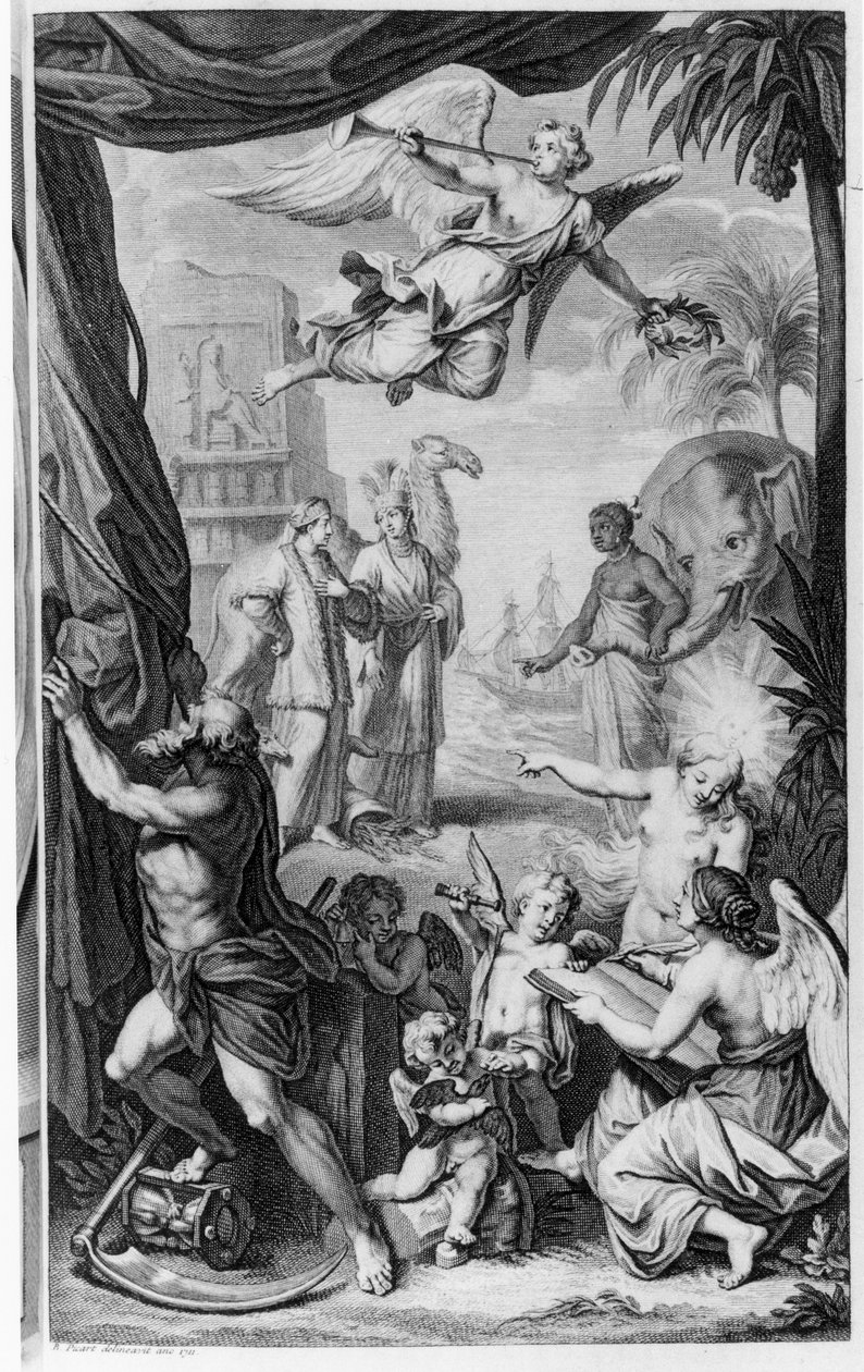 Frontispice til "Voyages...through Muscovy, Persia, and the East Indias" av Cornelis de Bruijn (ca.1652-c.1727) første franske utgave, 1718 av Bernard Picart
