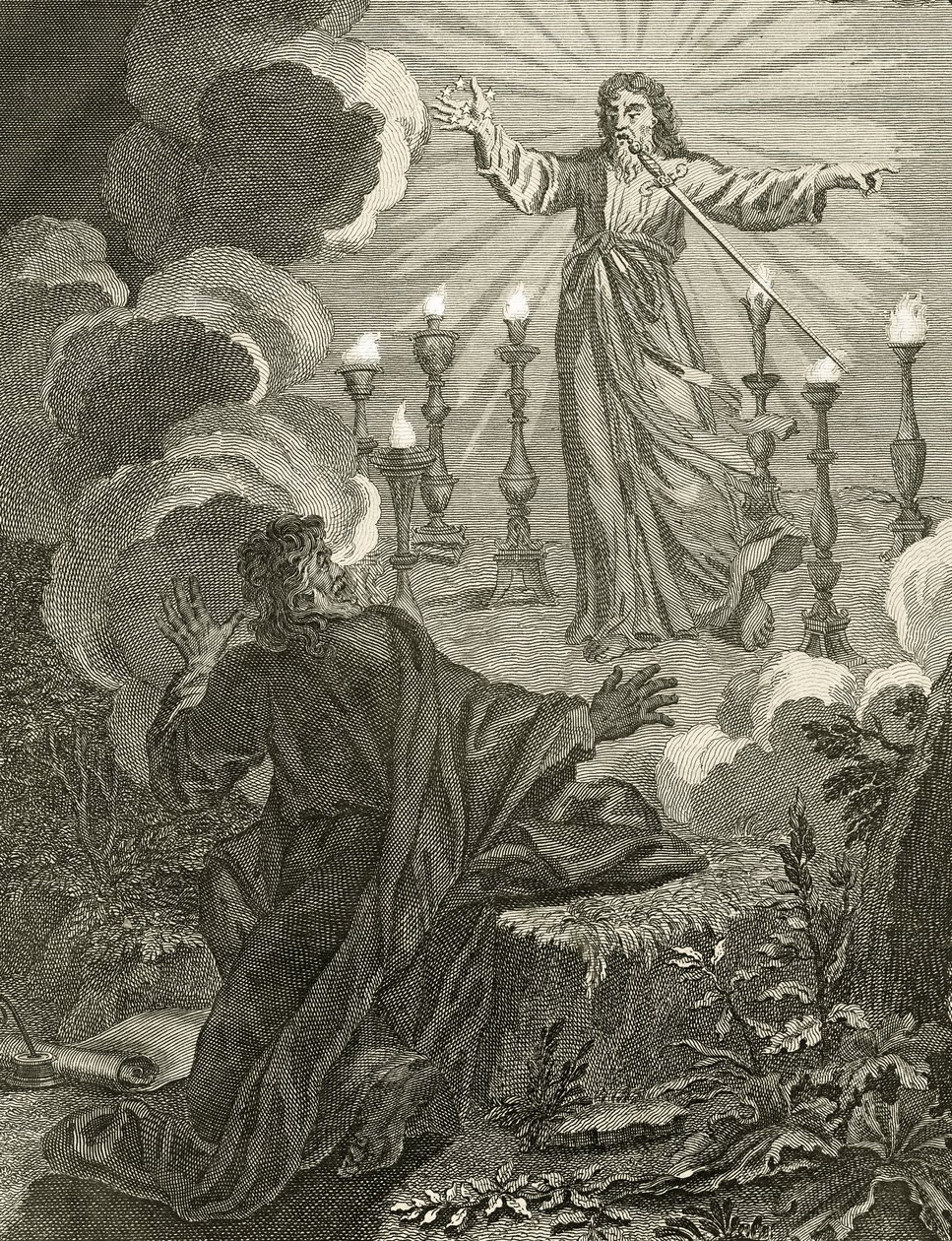 Jesus dukker opp i Åpenbaringsboken med syv stjerner i sin høyre hånd og med et tveegget sverd som kommer ut av munnen hans, 1763 av Bernard Picart