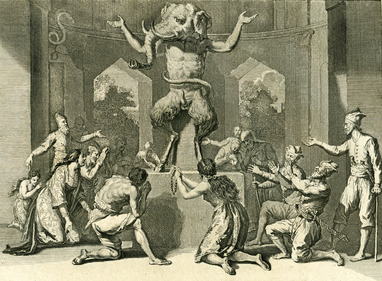 Folk på Ceylon som tilber guden Ganesh, giver av visdom, helse og rikdom, 1729 (kobberstikk) av Bernard Picart