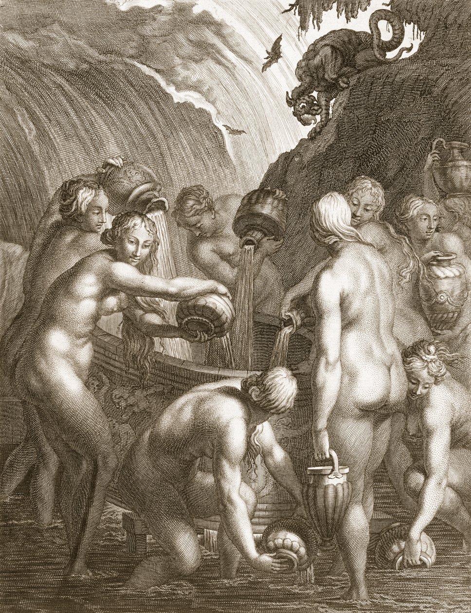 Danaidene dømt til å fylle kjedede fartøy med vann, 1730 av Bernard Picart