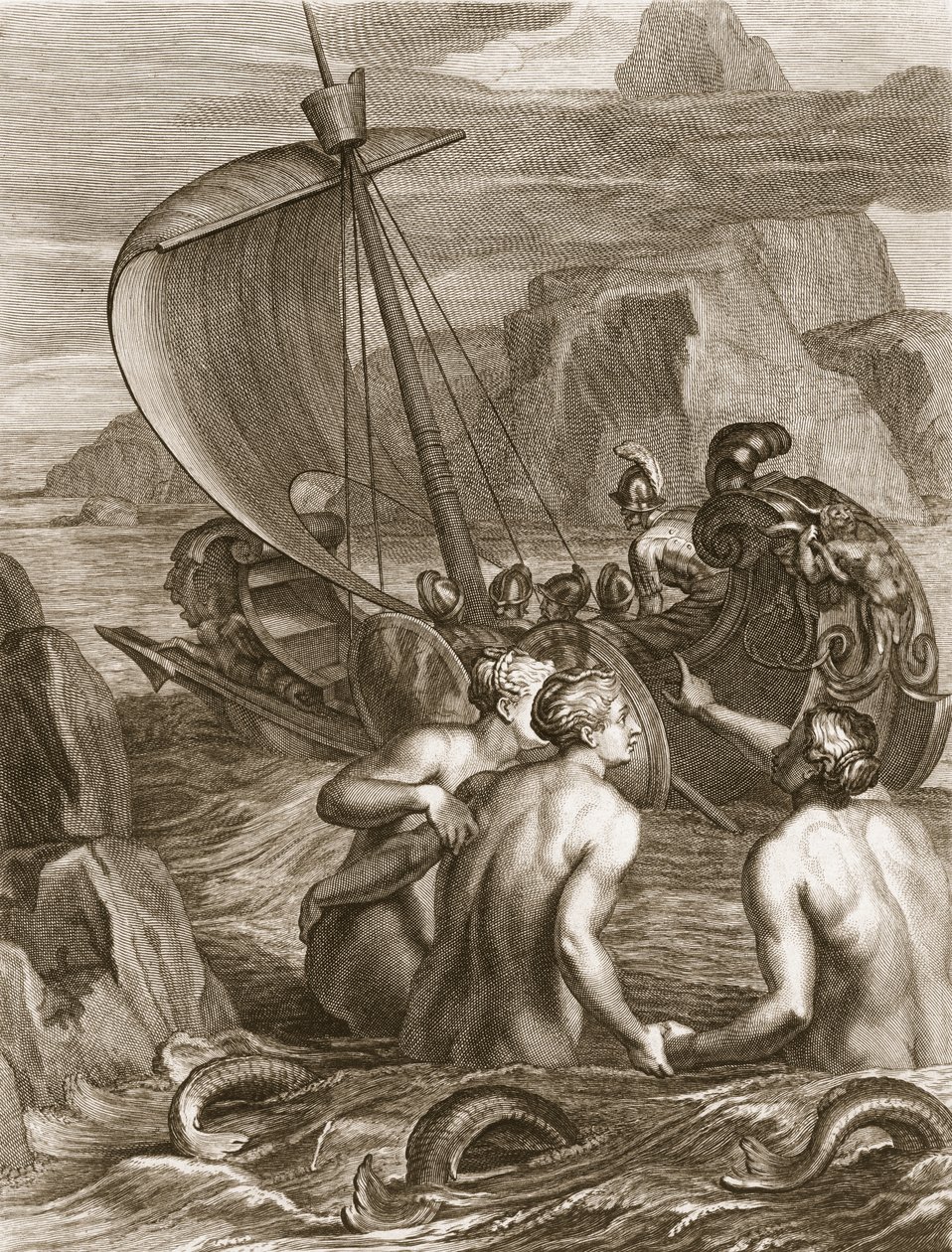 Ulysses og hans følgesvenner unngå sjarmen til sirenene, 1731 av Bernard Picart