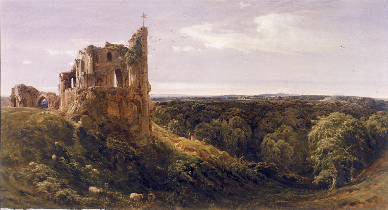 Ødelagt slott i et landskap (Knaresborough Castle) (kroppsfarge) av Bernard Walter Evans
