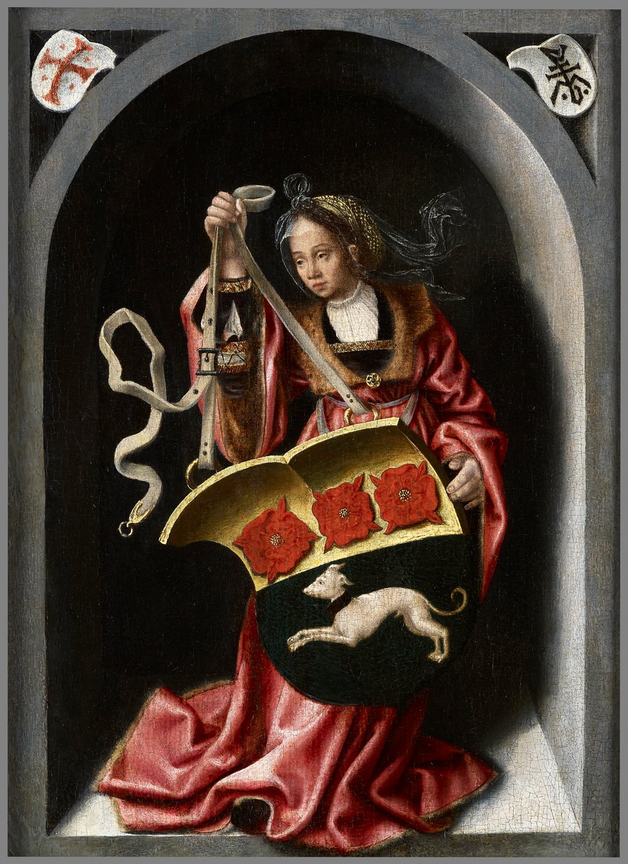 Dame som holder et heraldisk skjold i en malt nisje av Bernard van Orley