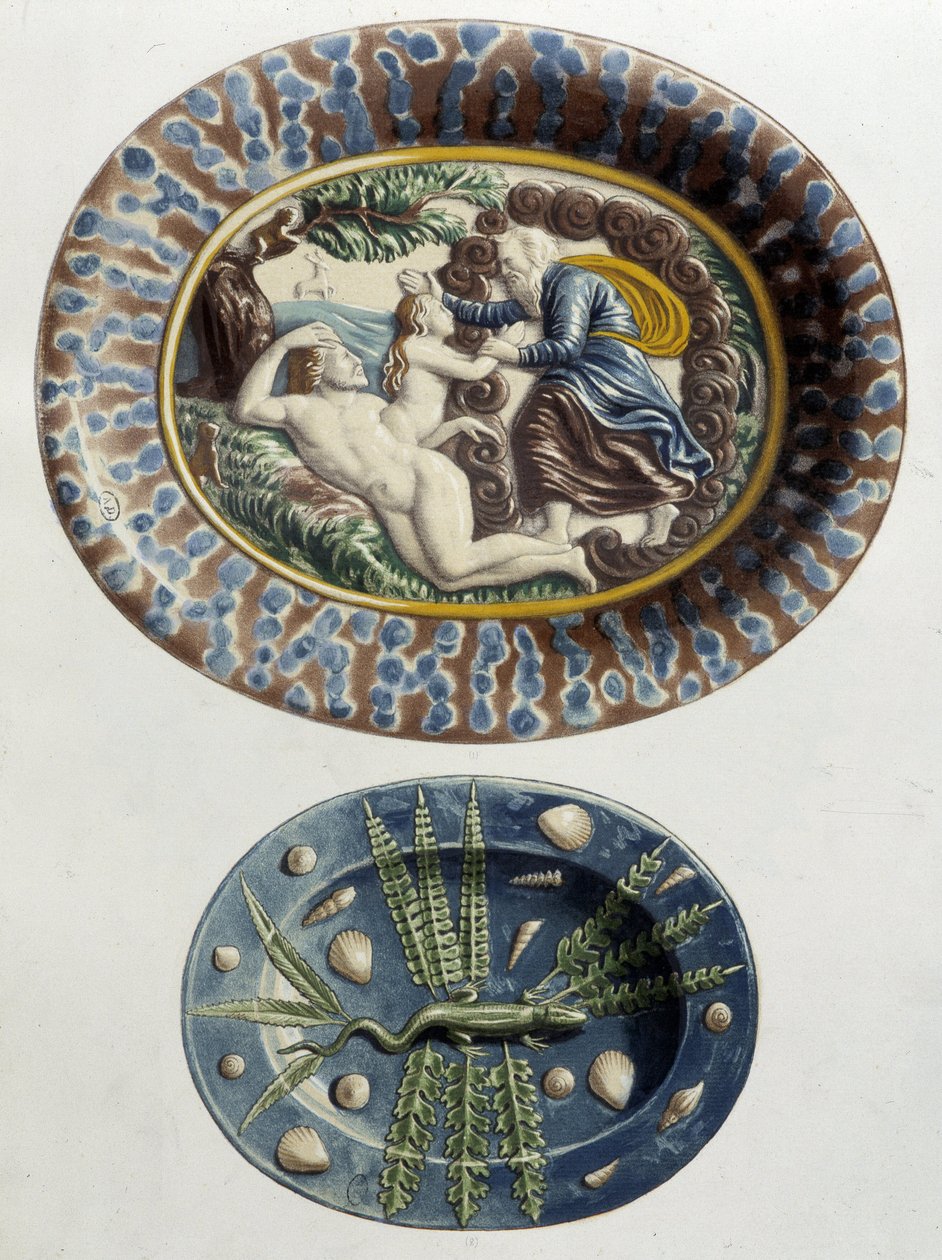 Gud skaper Eva på Adams lår; Lizard - Keramiske retter, i "The work of Bernard Palissy" av C. Delange og C. Borneman, Paris av Bernard (after) Palissy