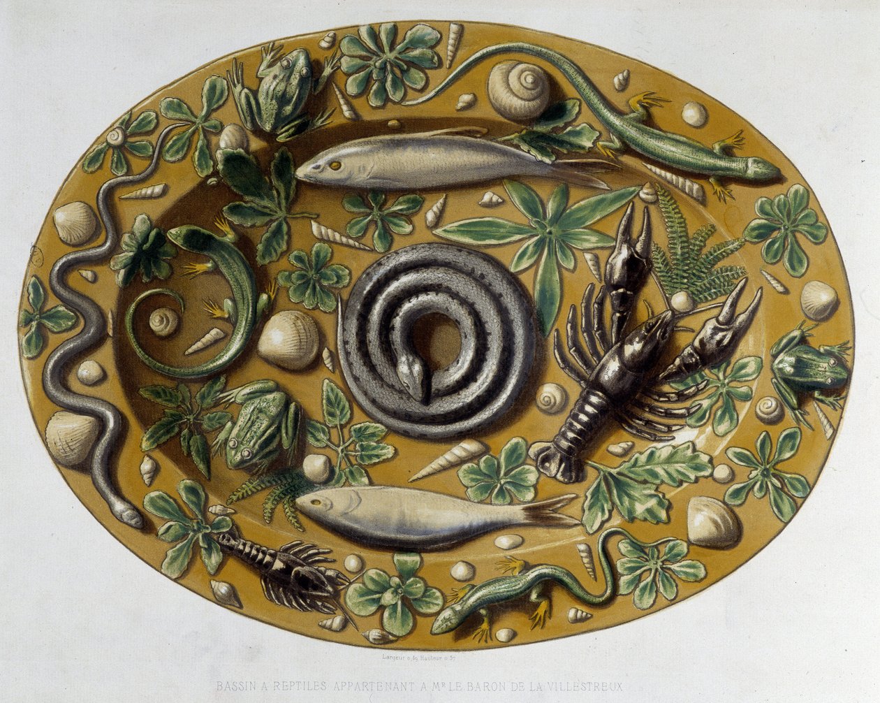 Passin à reptiles - Keramisk fat, i "" The work of Bernard Palissy"" av C. Delange og C. Borneman, Paris av Bernard (after) Palissy