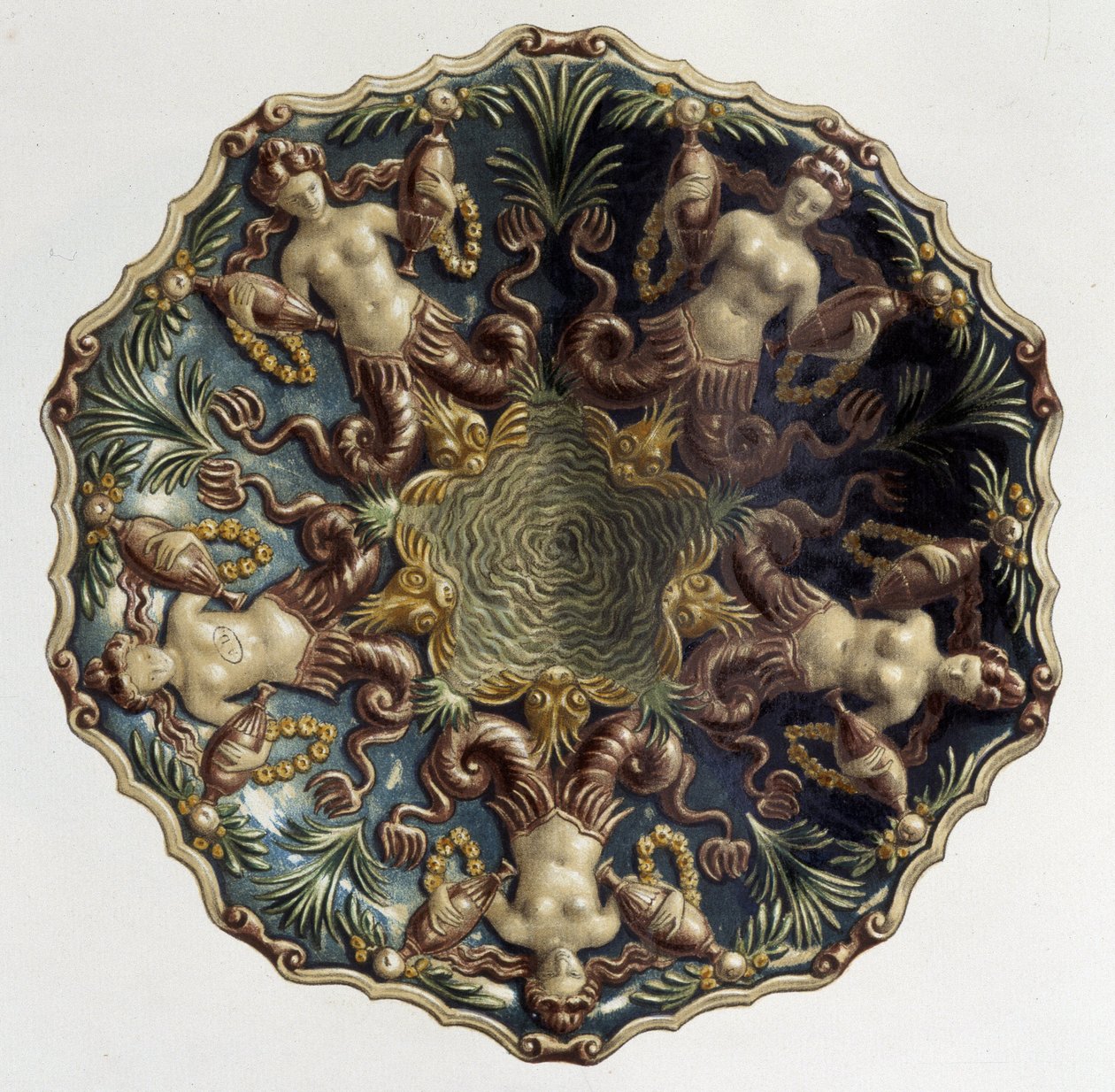Plat aux sirens - i "" The work of Bernard Palissy"" av C. Delange og C. Borneman, red. Delange, Paris av Bernard (after) Palissy