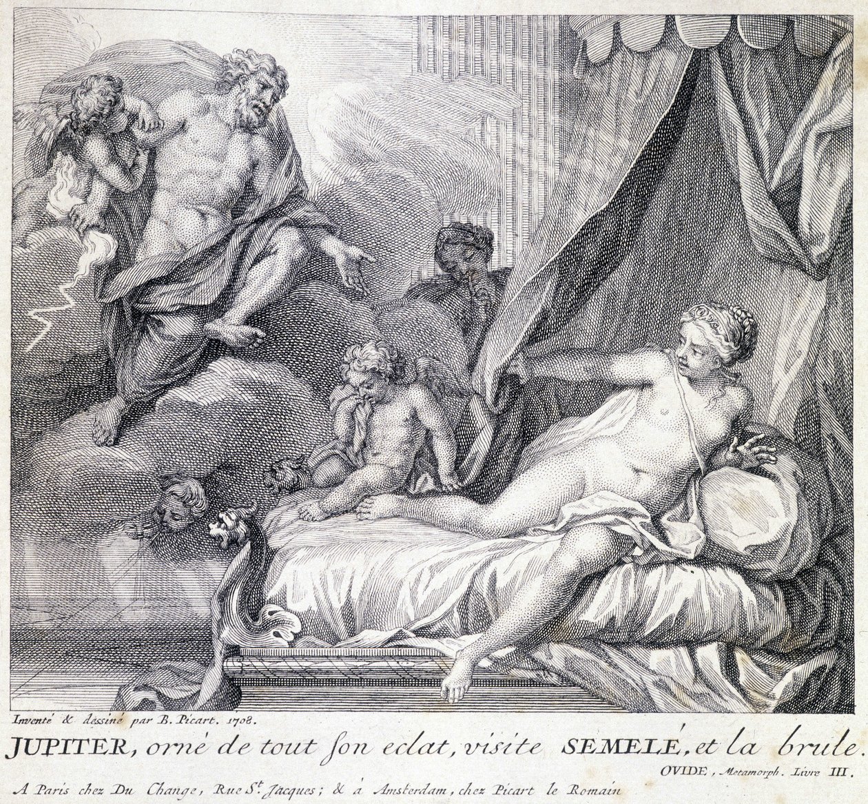 Jupiter (Zeus) brenner Semele med lynet sitt. Gravering av 1700-tallet etter tegningen av B. Picart laget i 1708. av Bernard (after) Picart