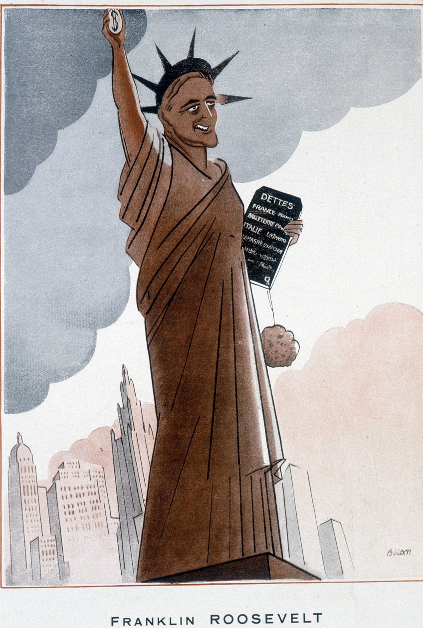 Tegneserie av Franklin Roosevelt i Frihetsgudinnen - Illustrasjon av Bernard Becan (Bernhard Kahn) (1890-1943) I "" Fantasio""" fra 01.12.1932 av Bernard Becan