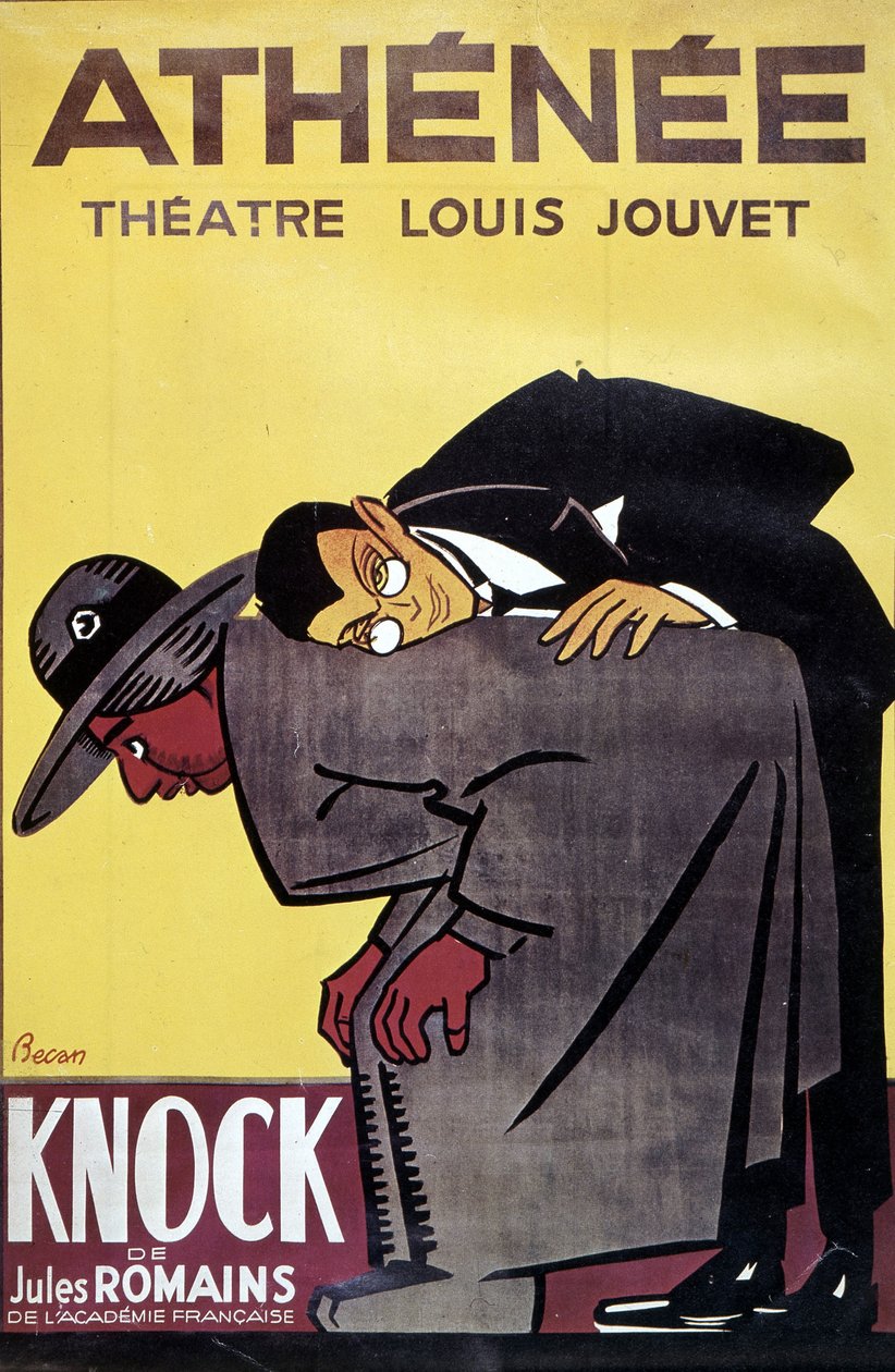 Plakat av "Knock" av Jules Romans ved Theatre Louis Jouvet "Athenee", av Bernard Becan (Bernhard Kahn) (1890-1943) av Bernard Becan