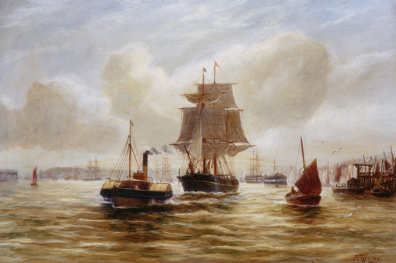 Dampslepebåt sleper et skip ved munningen av Tyne av Bernard Benedict Hemy