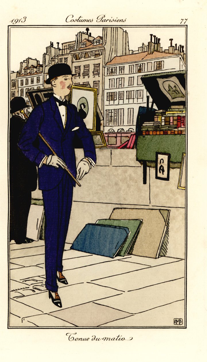 Mann i dress, bowlerhatt og stokk går forbi bokhandlere på Seinen. Morgenantrekk. Håndfarget pochoir (stensil) etsning etter en illustrasjon av Bernard Boutet de Monvel fra Tommaso Antonginis Journal des Dames et des Modes, Aux Bureaux du Journa av Bernard Boutet de Monvel