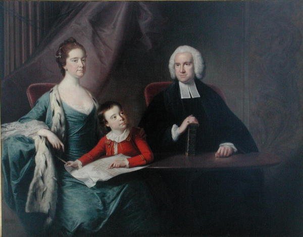 Portrett av pastor John Fountayne (1741-1802) av Melton-on-the-Hill, hans kone, Ann og deres sønn, Thomas, tidlig på 1760-tallet (olje på lerret) av Bernard Downes