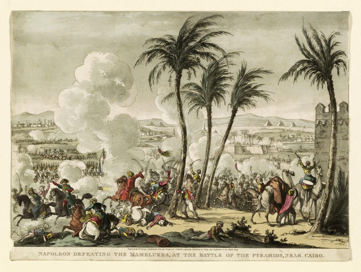 Napoleon beseiret mamelukkene i slaget ved pyramidene, nær Kairo, gravert av George Cruikshank (1769-1823), pub. 1823 (håndfarget gravering) av Bernard Edouard Swebach