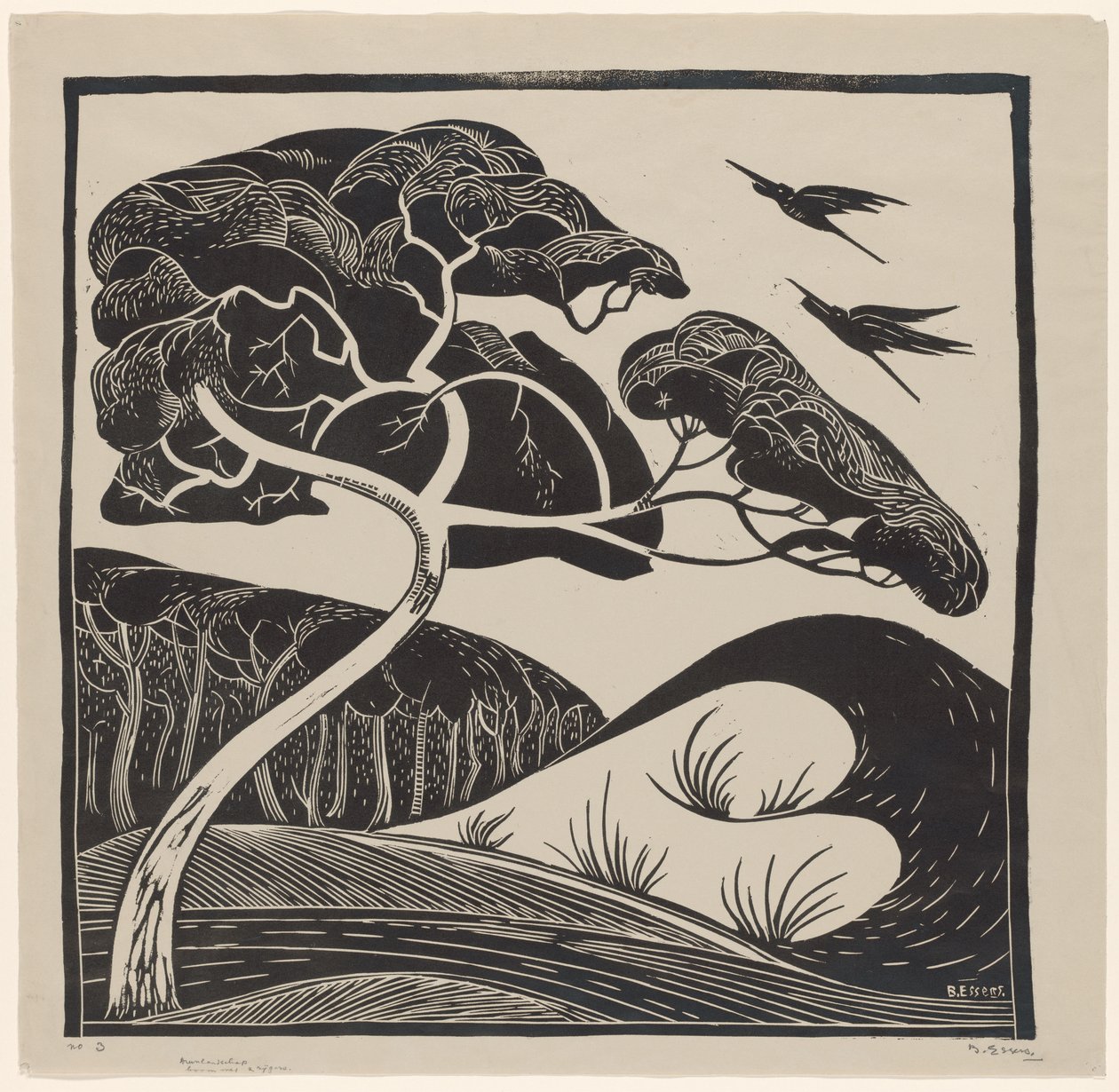 Sanddynelandskap (tittel på objekt) Tre med 2 hegre (tittel på objekt) av Bernard Essers (signed by artist)