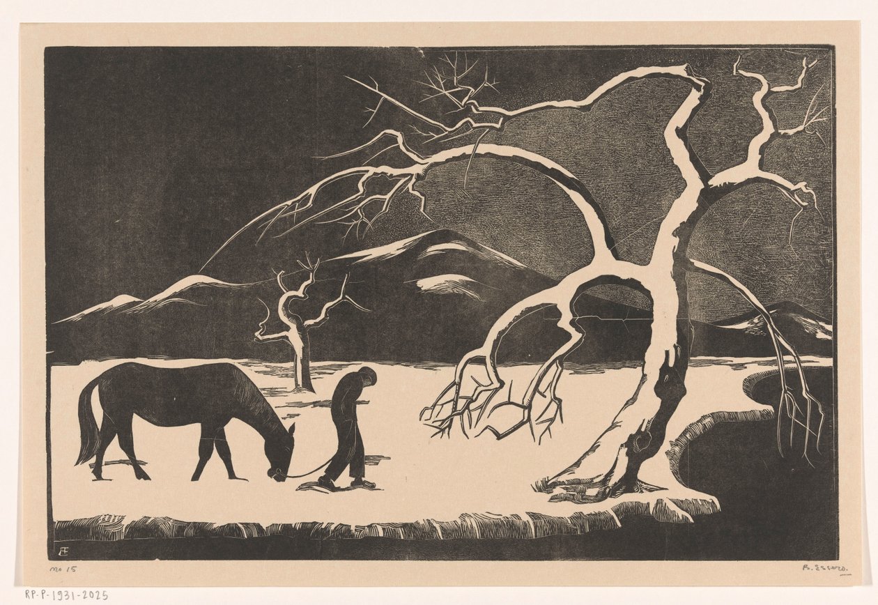 Mann med hest i snøen av Bernard Essers (signed by artist)
