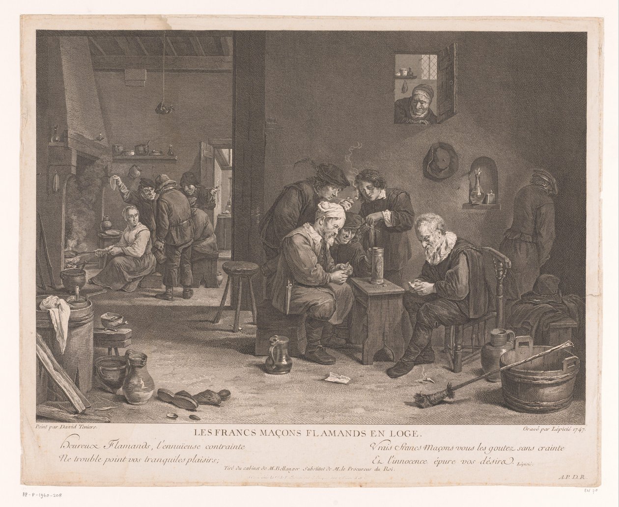 Krointeriør med kortspillfigurer Les Francs Maçons Flamands en Loge (tittel på objekt) av Bernard François Lépicié