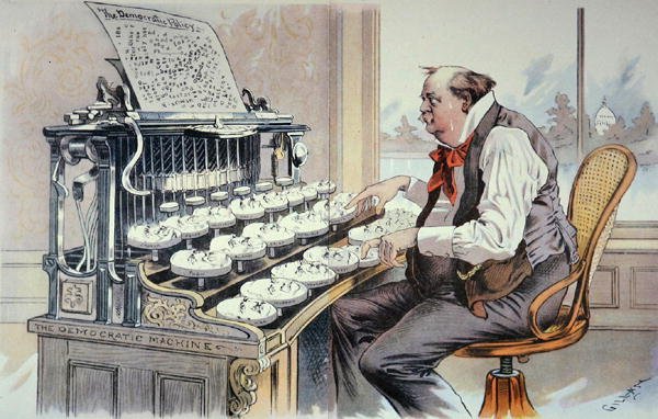 The Administration Typewriter, tegneserie for magasinet "Judge" som viser Grover Cleveland som bygger sin plattform for sin andre embetsperiode av Bernard Gillam