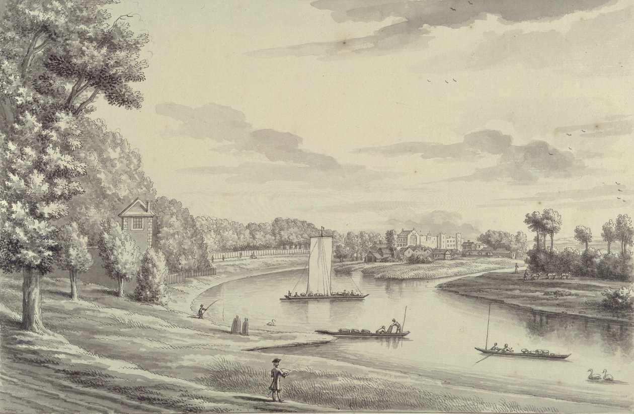 En vestlig utsikt over Hampton Court Ferry og Hampton Church at a Distance, 1731-33 (penn og svart blekk og vask på lagt papir) av Bernard III Lens